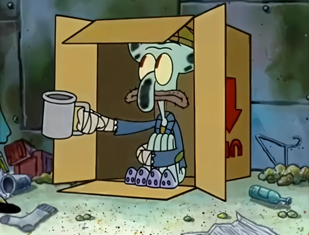 broke squidward begging in a box